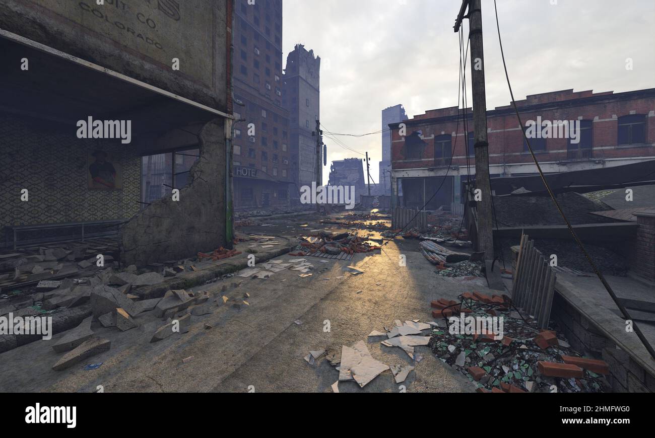 3D illustration post apocalyptic cityscape ruined buildings Stock Photo ...
