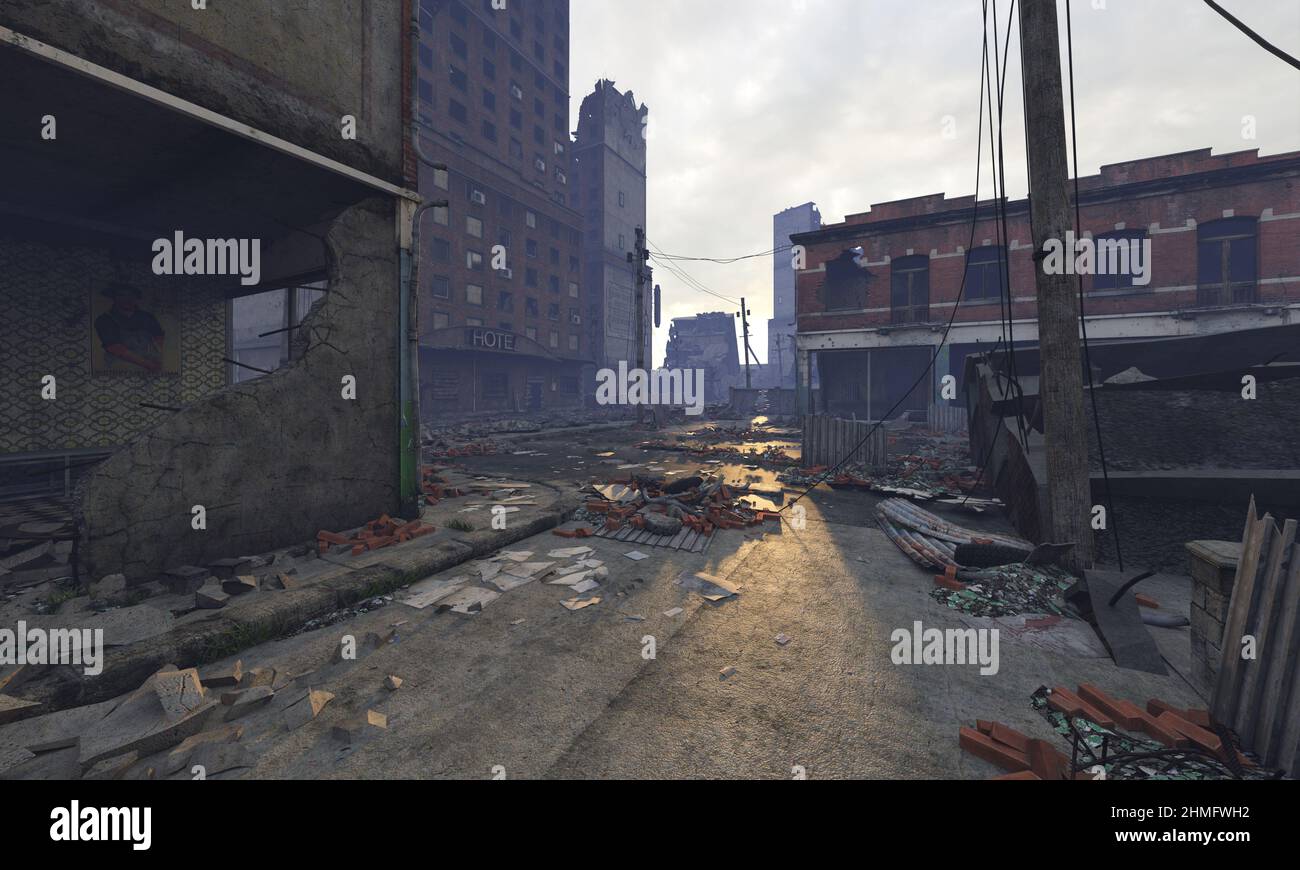 3D illustration post apocalyptic cityscape ruined buildings Stock Photo ...