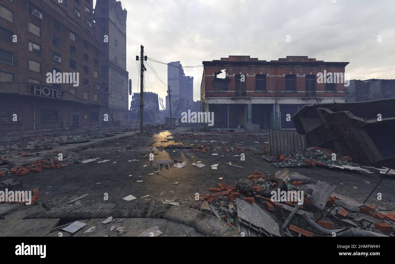 3D illustration post apocalyptic cityscape ruined buildings Stock Photo ...
