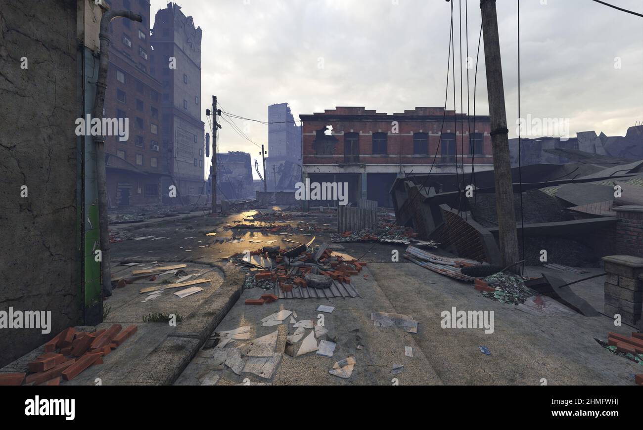 3D illustration post apocalyptic cityscape ruined buildings Stock Photo ...