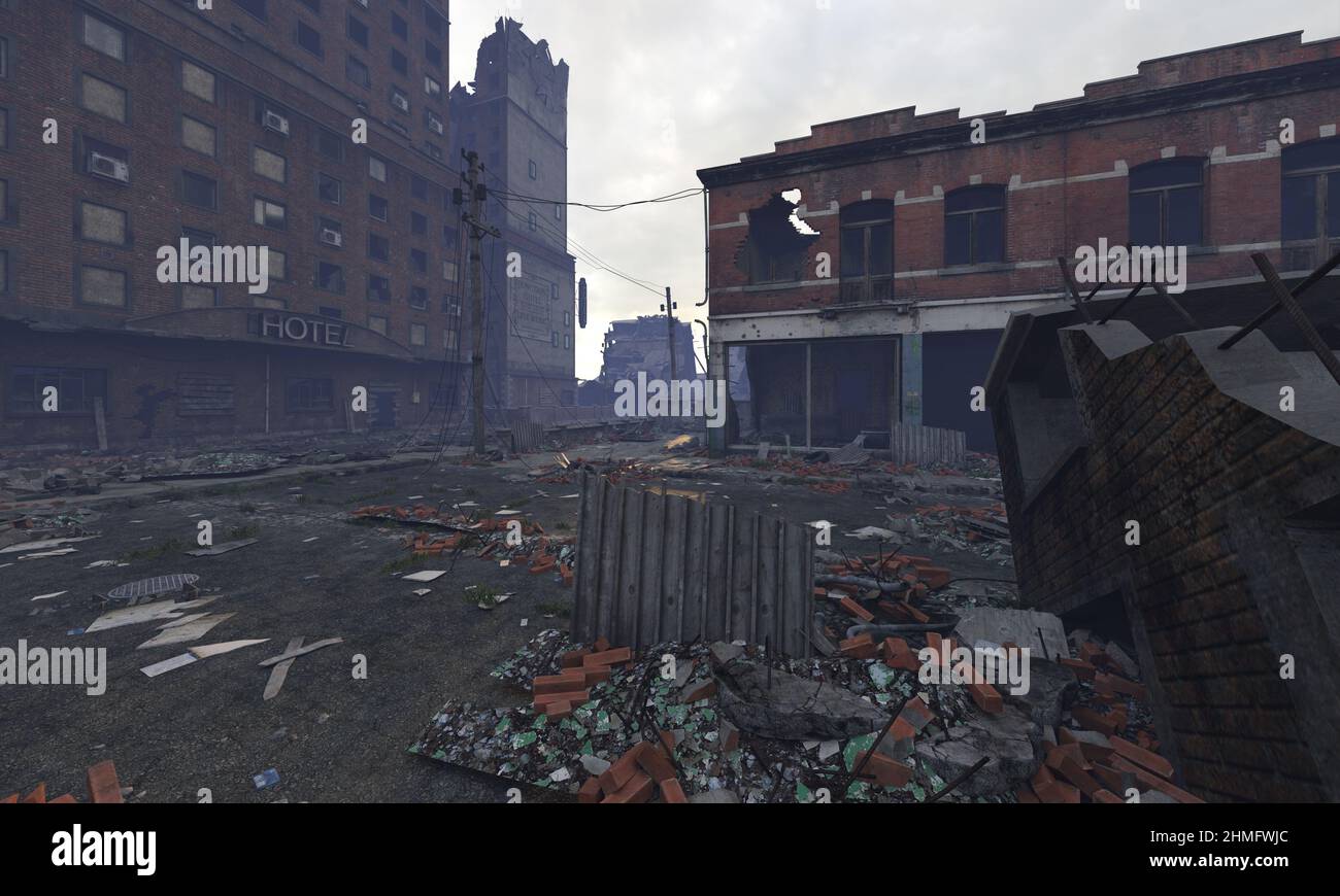 3D illustration post apocalyptic cityscape ruined buildings Stock Photo ...