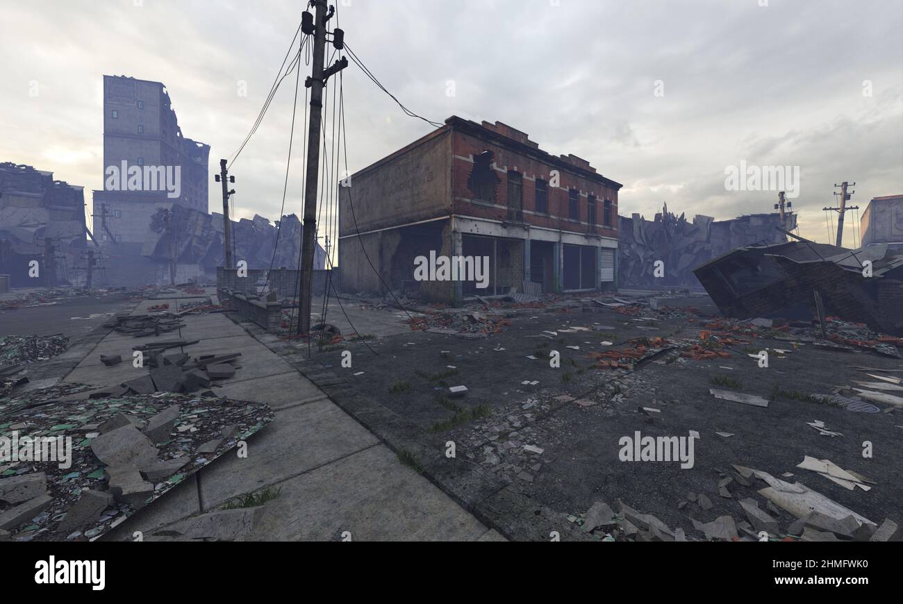 3D illustration post apocalyptic cityscape ruined buildings Stock Photo ...