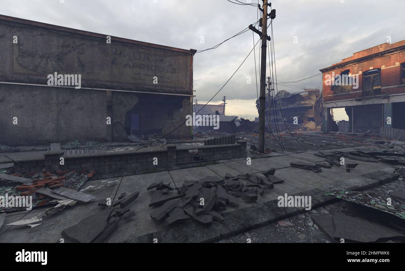 3D illustration post apocalyptic cityscape ruined buildings Stock Photo ...