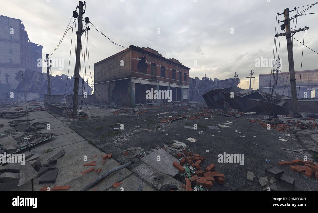 3D illustration post apocalyptic cityscape ruined buildings Stock Photo ...