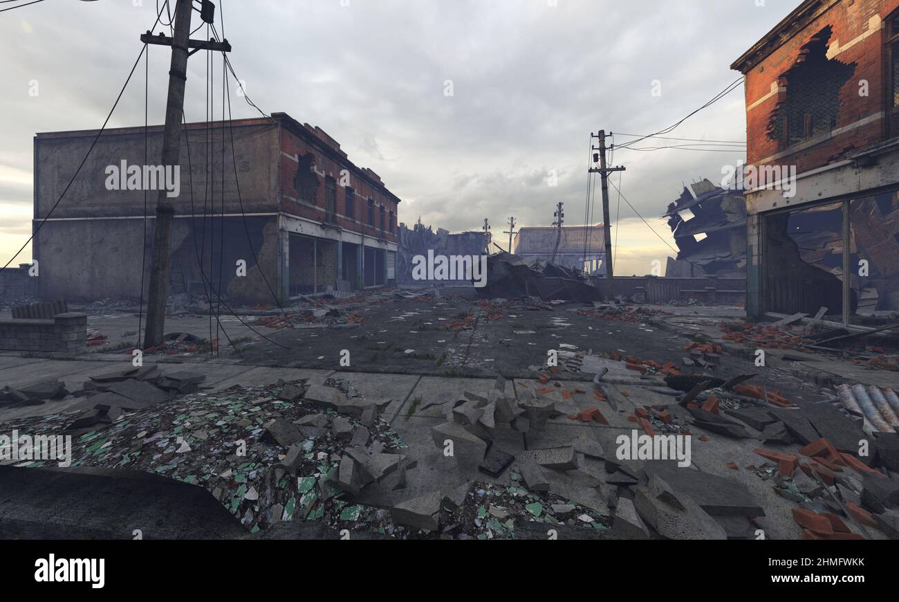 3D illustration post apocalyptic cityscape ruined buildings Stock Photo ...