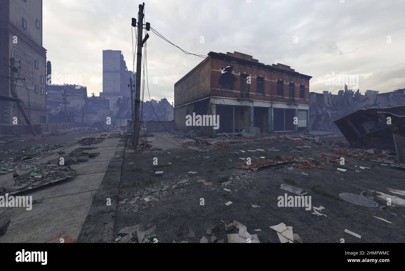 3D illustration post apocalyptic cityscape ruined buildings Stock Photo ...