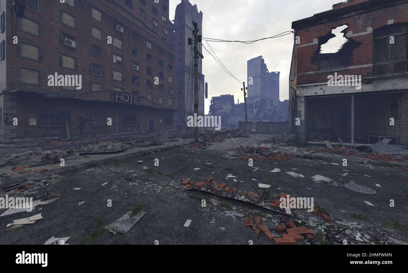3D illustration post apocalyptic cityscape ruined buildings Stock Photo ...