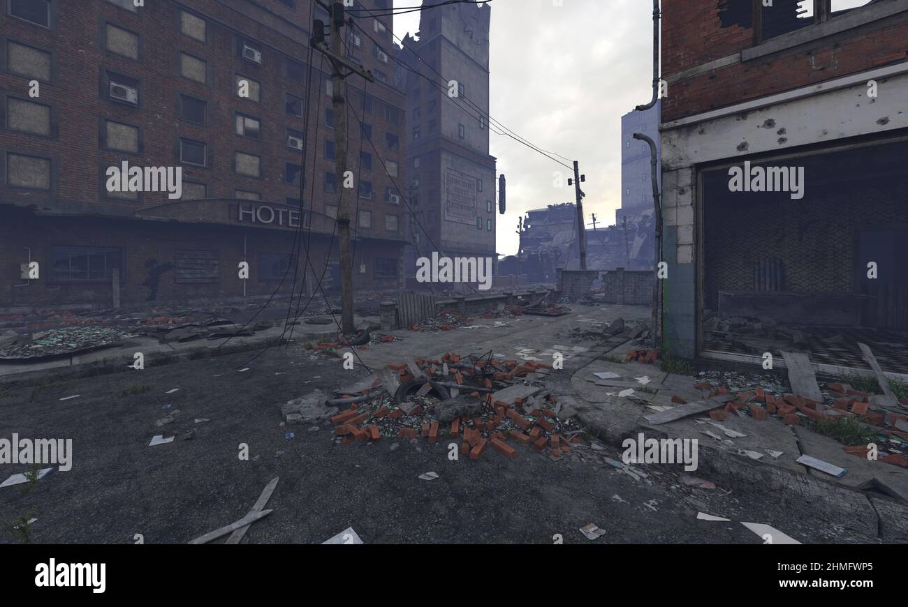 3D illustration post apocalyptic cityscape ruined buildings Stock Photo ...