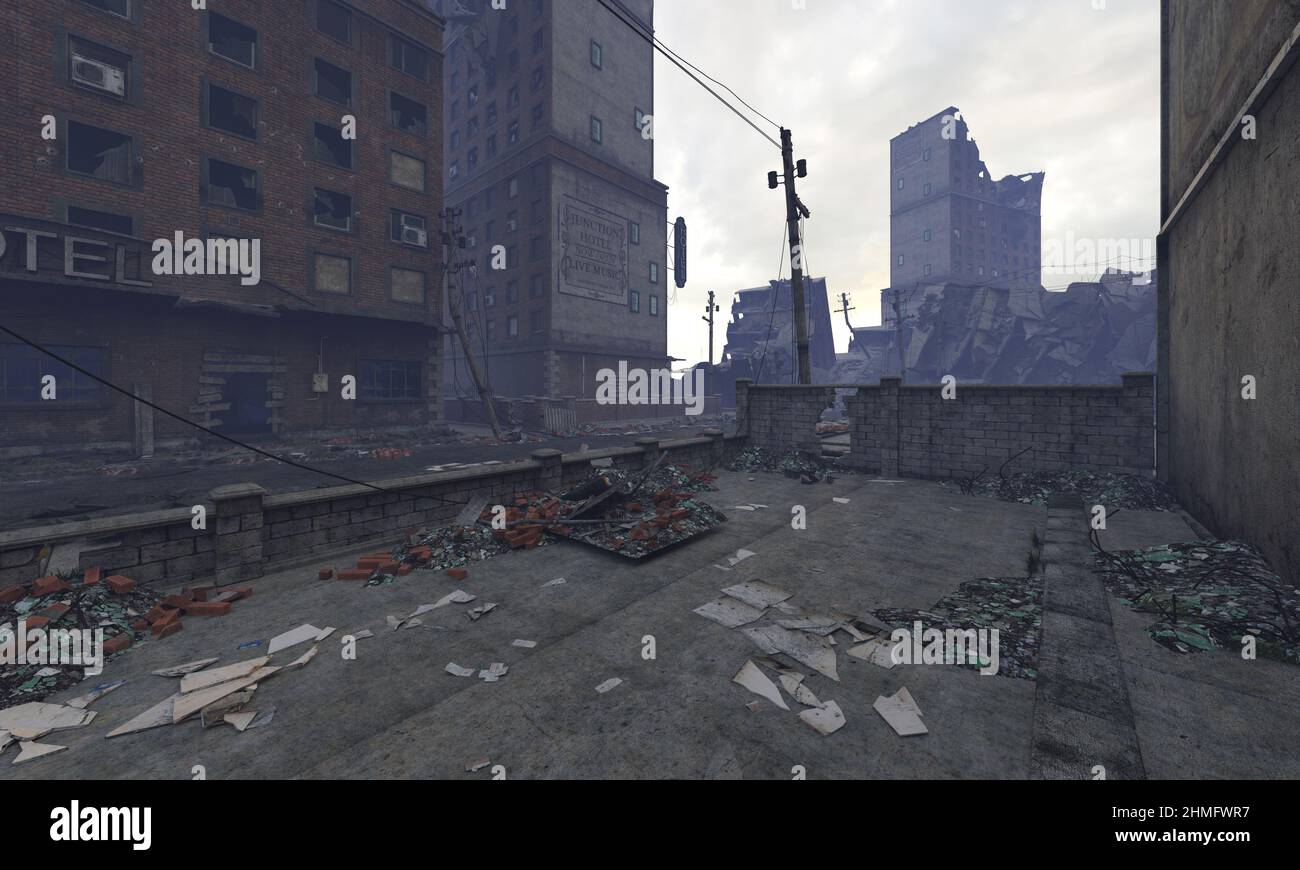3D illustration post apocalyptic cityscape ruined buildings Stock Photo ...