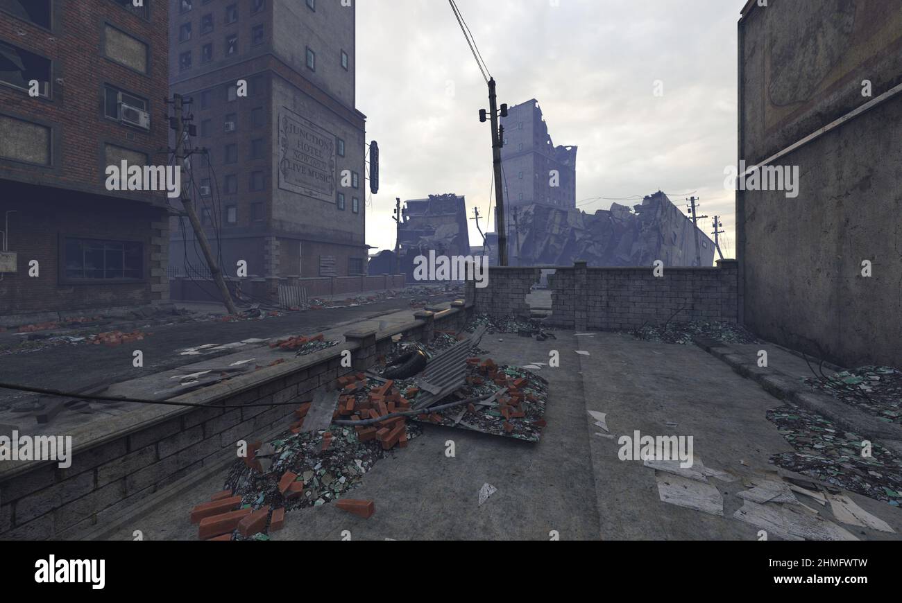 3D illustration post apocalyptic cityscape ruined buildings Stock Photo ...