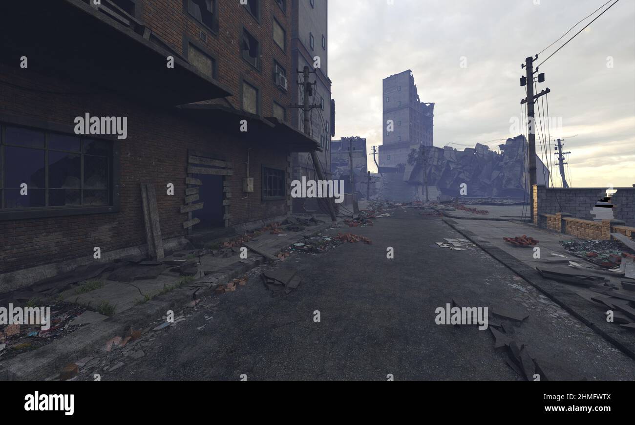 3D illustration post apocalyptic cityscape ruined buildings Stock Photo ...