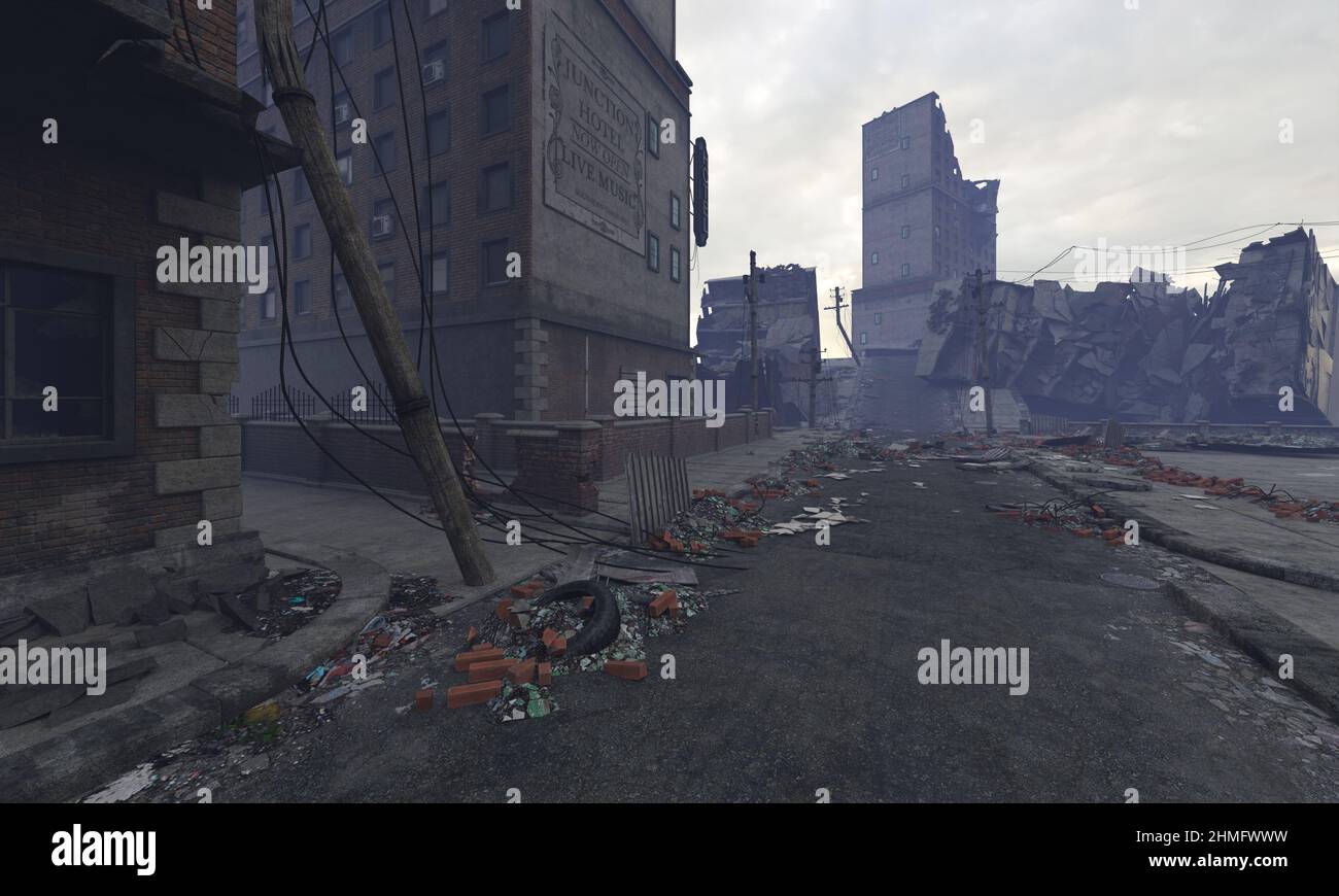 3D illustration post apocalyptic cityscape ruined buildings Stock Photo ...