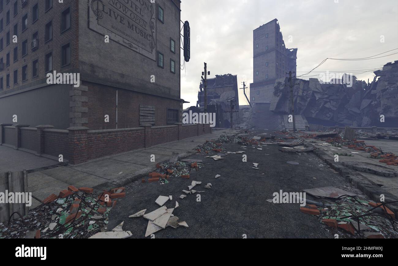3D illustration post apocalyptic cityscape ruined buildings Stock Photo ...