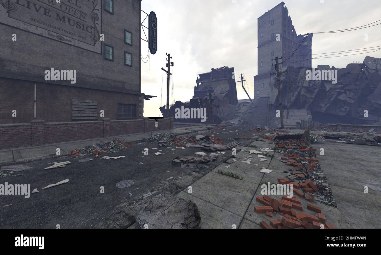 3D illustration post apocalyptic cityscape ruined buildings Stock Photo ...