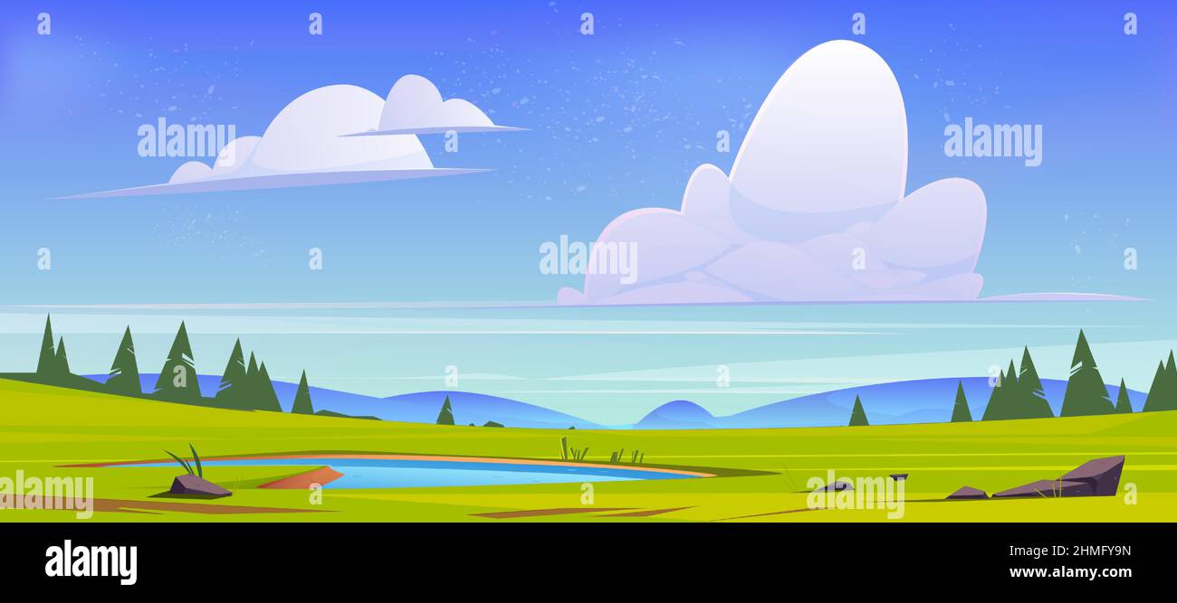 Cartoon nature landscape green field with pond, grass, rocks and conifers  under blue sky with fluffy clouds. Picturesque scenery background, natural  tranquil countryside scene, Vector illustration Stock Vector Image & Art -