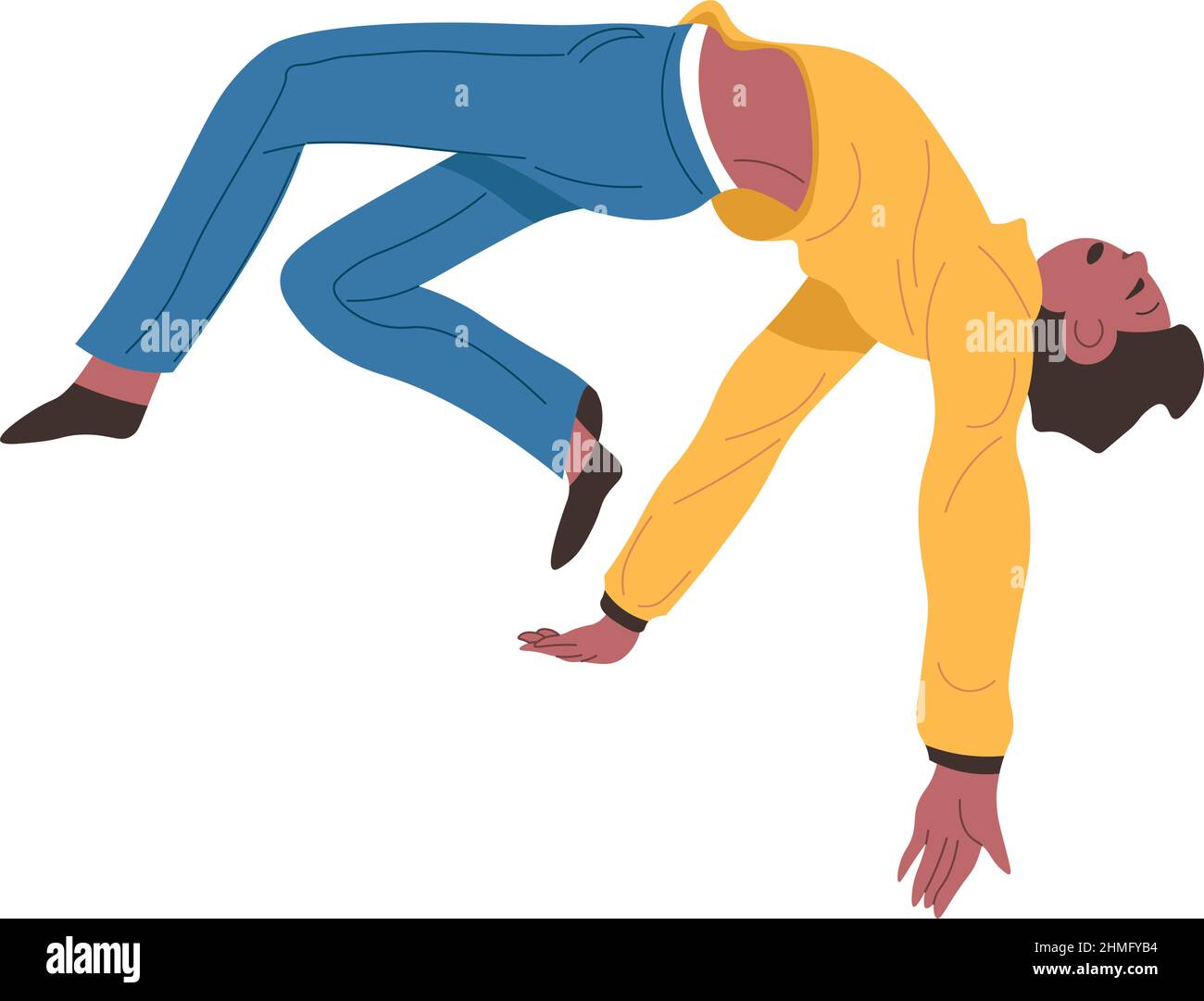 Man slipping and falling down with back forward. Male character dancing