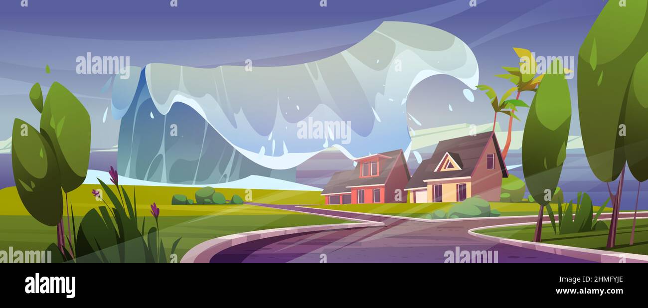 Tsunami wave on sea beach with houses. Natural disaster, catastrophe, storm. Vector cartoon illustration of tropical landscape with ocean coast, buildings and palm trees flood by big water wave Stock Vector