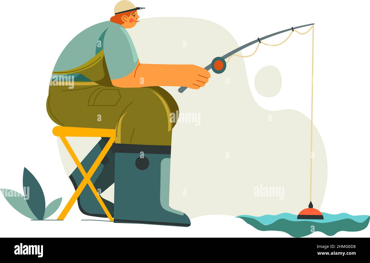 Male character with rod sitting on bank of river catching fish, isolated  fisherman on weekends relaxing by water. Hobby of man wearing special  costume Stock Vector Image & Art - Alamy