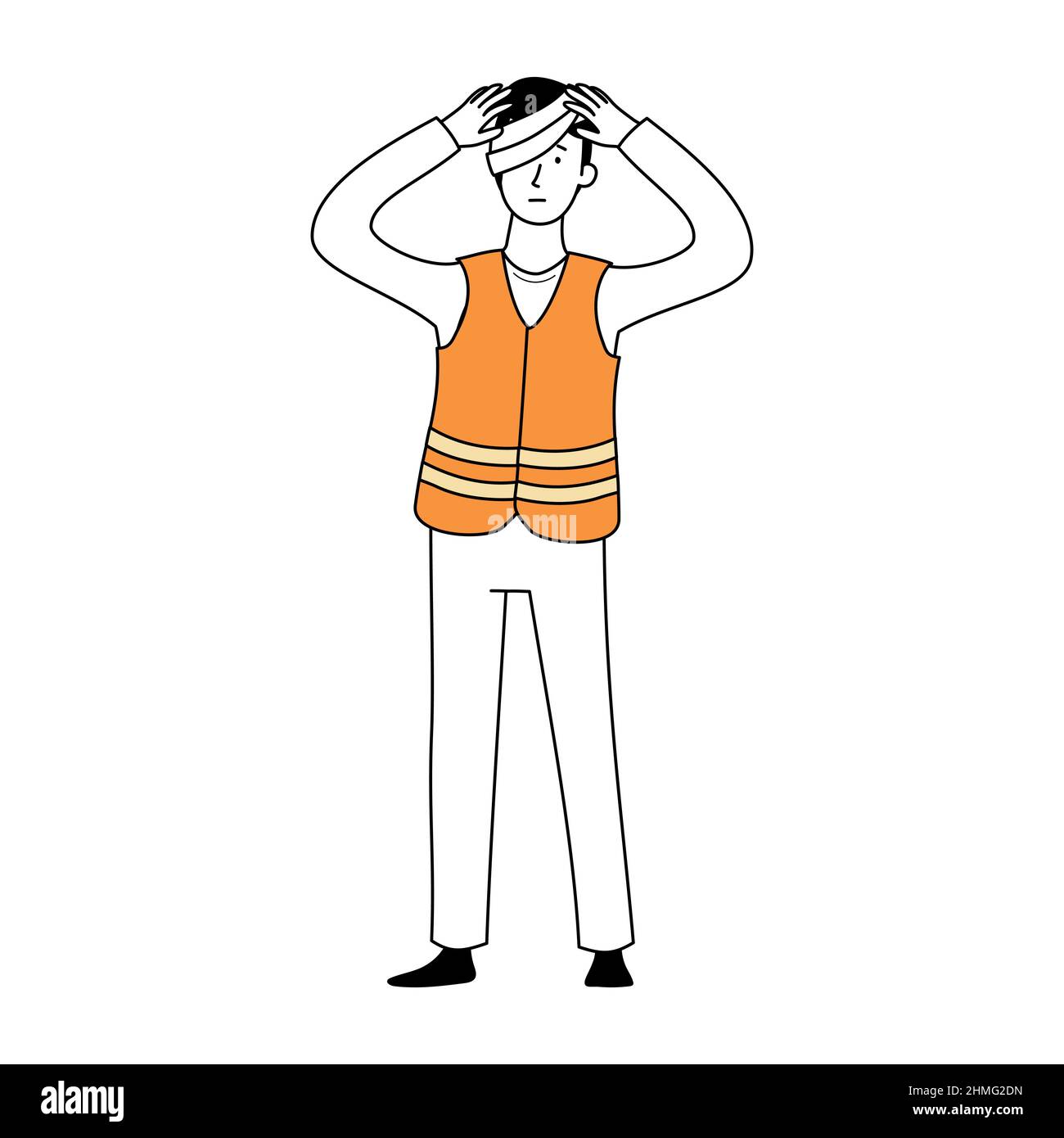 Worker with injury head. Fall accident on work. Doodle line style character. Vector illustration. Stock Vector