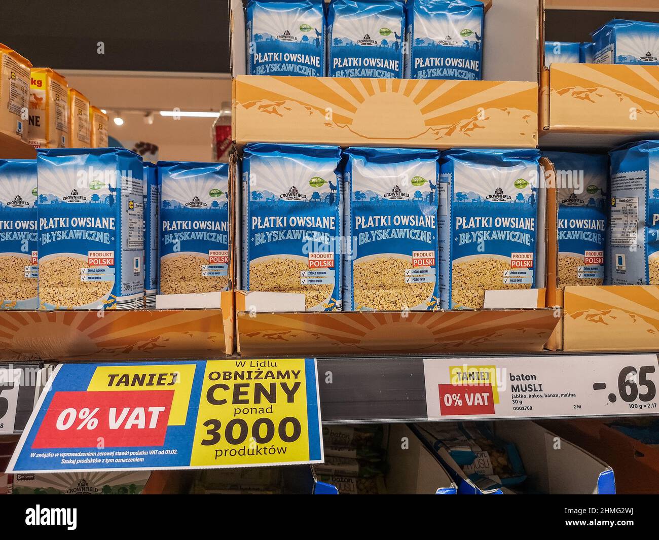 Gdansk, Poland. 08th Feb, 2022. Gdansk, Poland Feb. 8th. 2022 Price tags with mandatory information about the reduced VAT rate for food inside the Lidl grocery store are seen in Gdansk, Poland, on 8 February 2022 Polish government lowered VAT tax on some food to zero from Feb. 1 2022. to fight with high inflation as some economists estimate can reach 10% (Photo by Vadim Pacajev/Sipa USA) Credit: Sipa USA/Alamy Live News Stock Photo