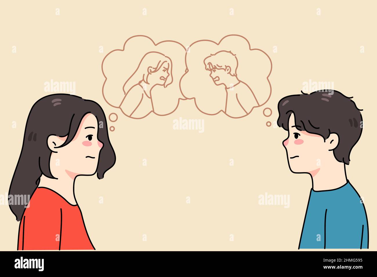 Man and woman hidden emotions in speech bubbles. Unhappy couple lovers have relationships problems. Spouses suffer from relations trouble. Divorce or breakup. Vector illustration.  Stock Vector