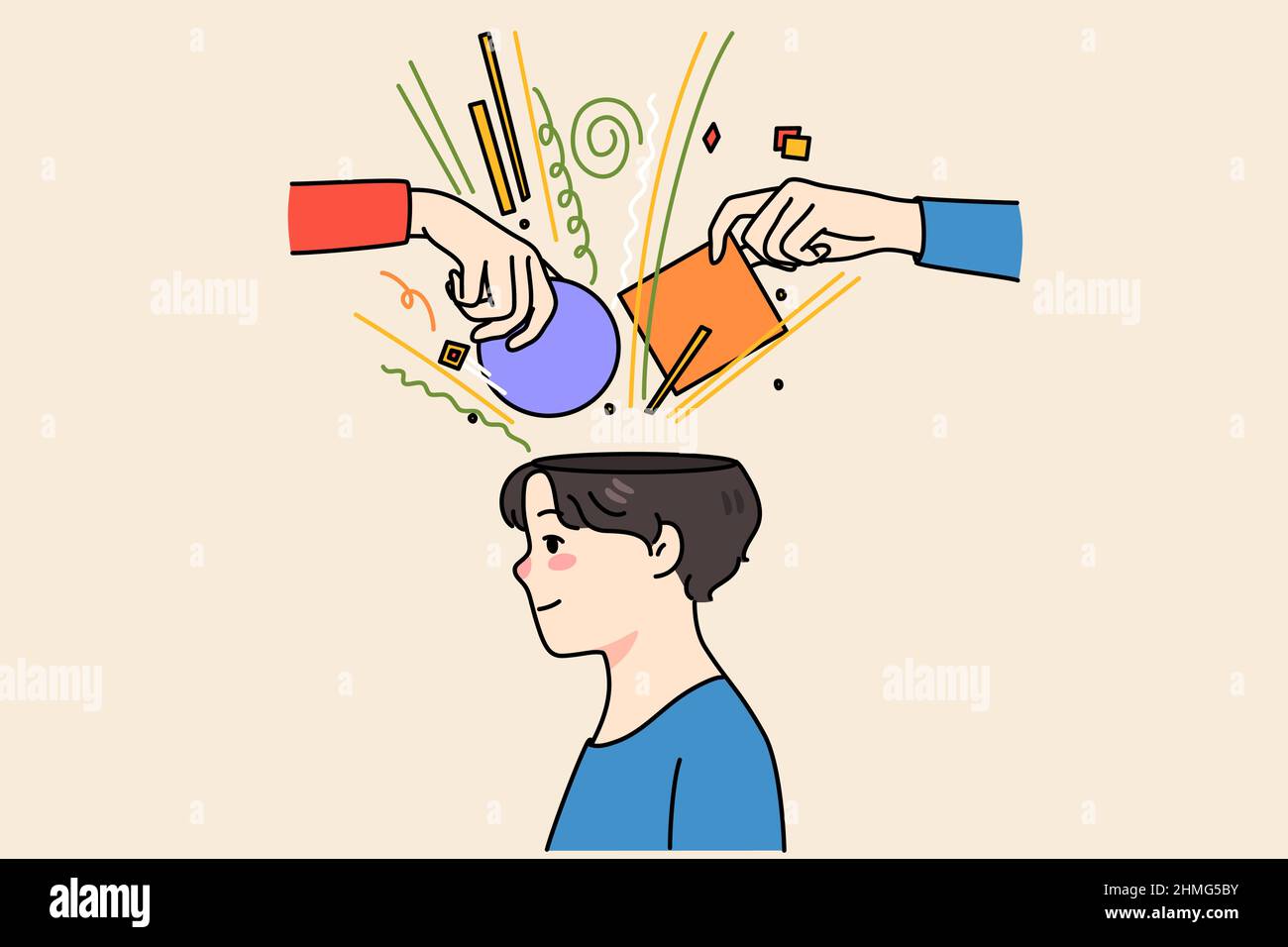 People hands put object in person head help with brainstorming or thinking process. Guy involved in solving problems or issues. Search for solution concept. Flat vector illustration.  Stock Vector