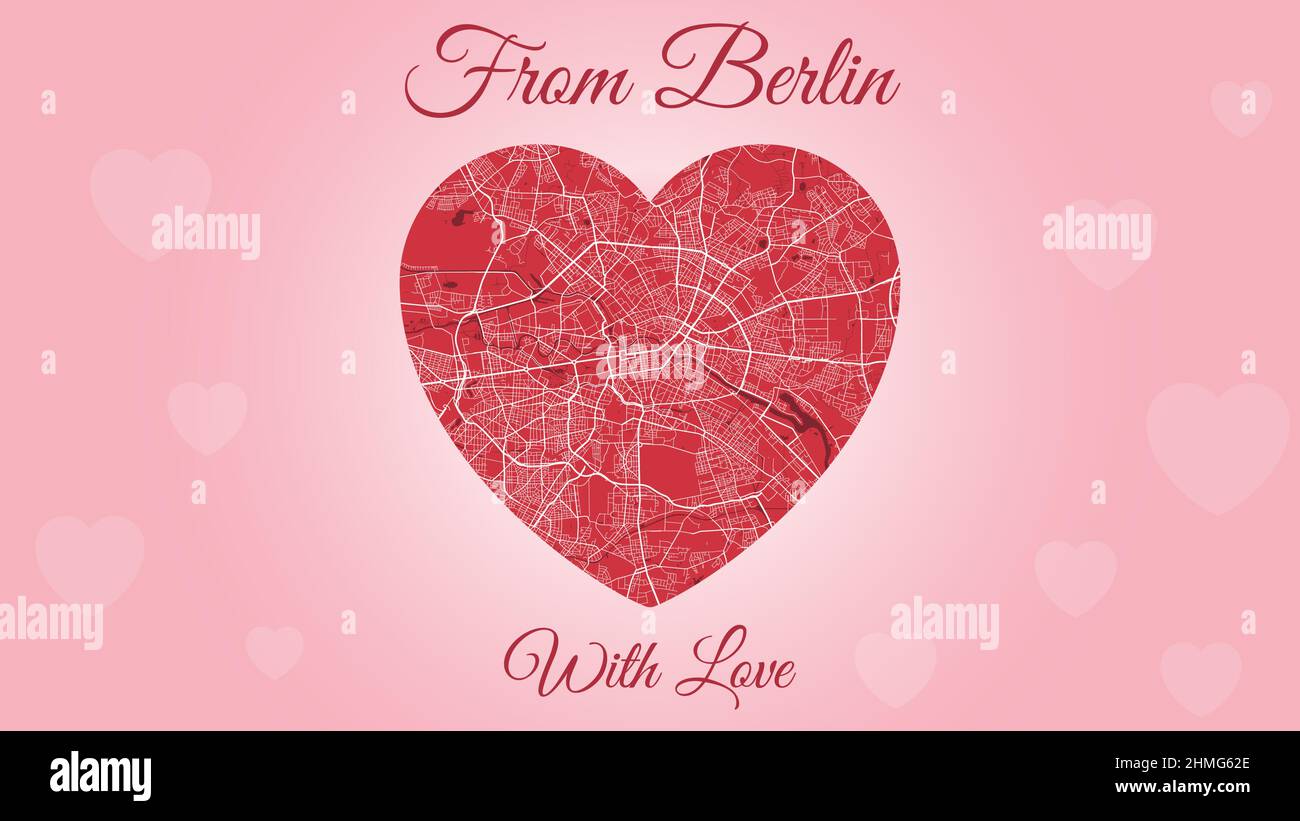 From Berlin with love card, city map in heart shape. Horizontal Pink and red color vector illustration. Love city travel cityscape. Stock Vector