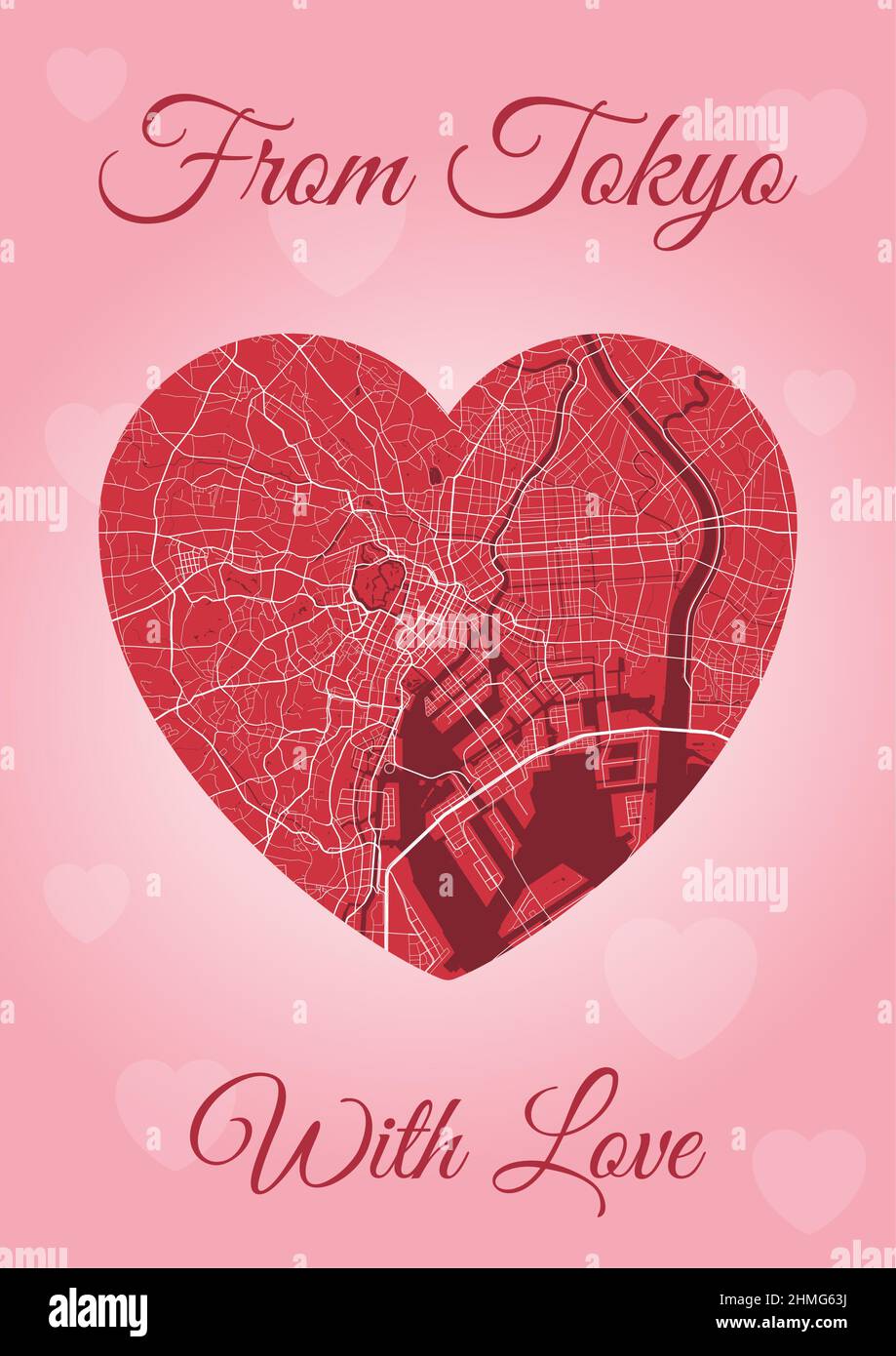 From Tokyo with love card, city map in heart shape. Vertical A4 Pink and red color vector illustration. Love city travel cityscape. Stock Vector