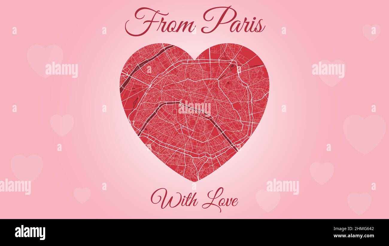 From Paris with love card, city map in heart shape. Horizontal Pink and red color vector illustration. Love city travel cityscape. Stock Vector