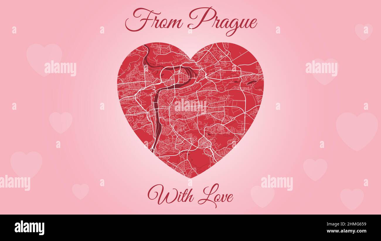 From Prague with love card, city map in heart shape. Horizontal Pink and red color vector illustration. Love city travel cityscape. Stock Vector