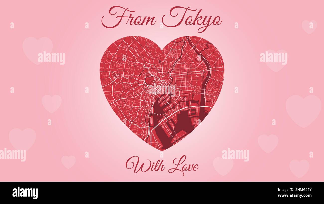 From Tokyo with love card, city map in heart shape. Horizontal Pink and red color vector illustration. Love city travel cityscape. Stock Vector