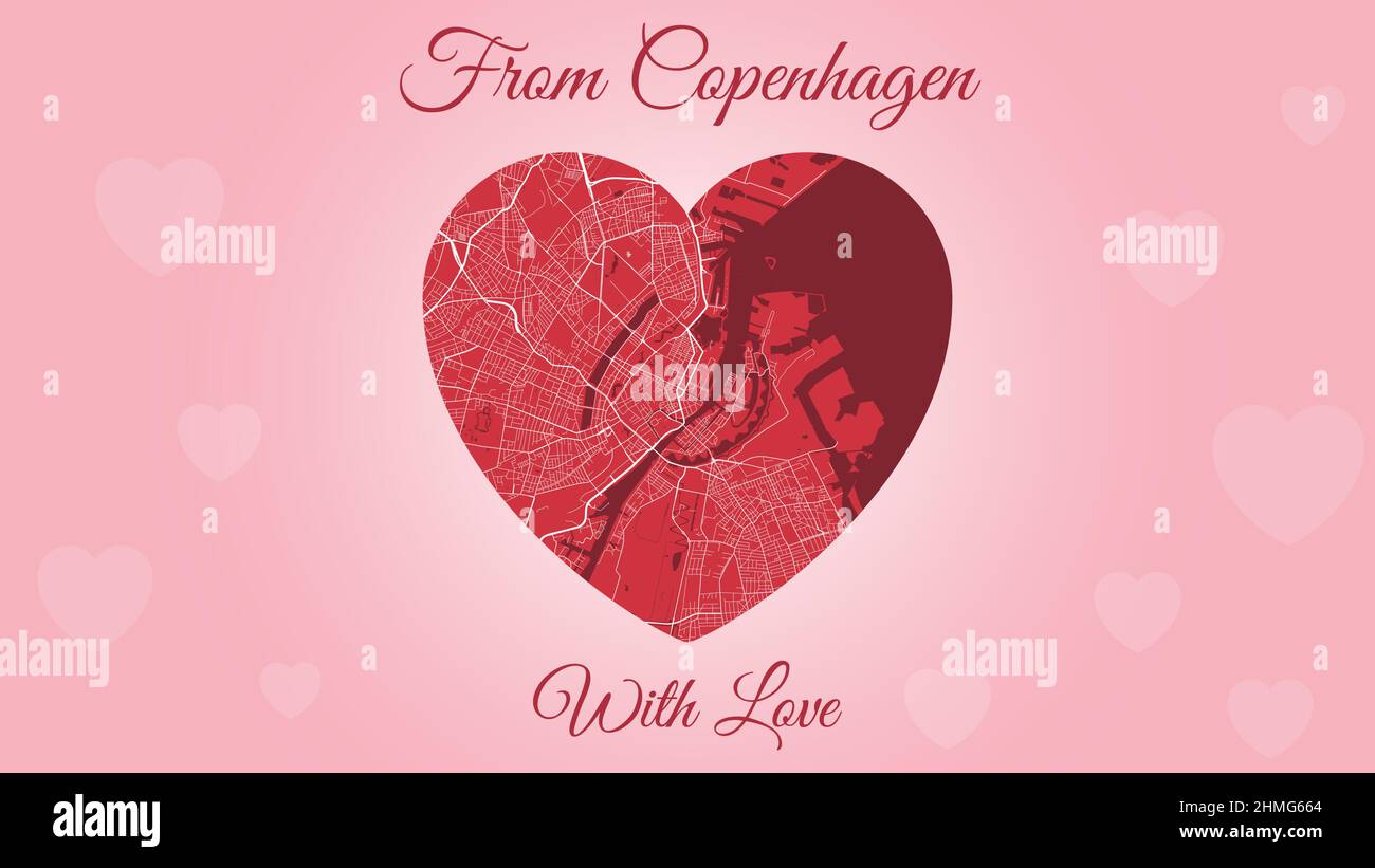 From Copenhagen with love card, city map in heart shape. Horizontal Pink and red color vector illustration. Love city travel cityscape. Stock Vector