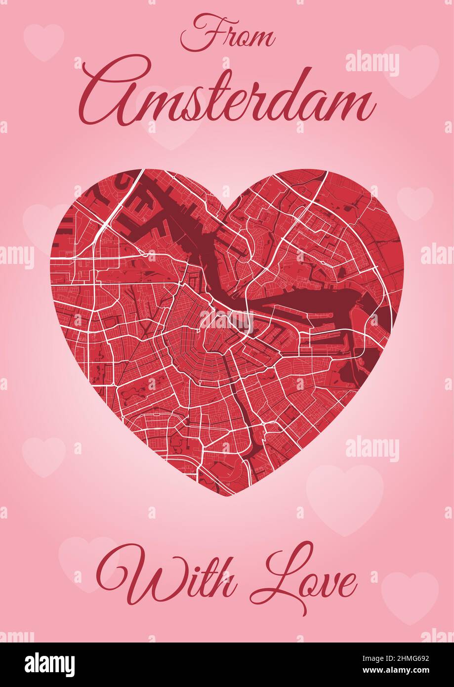 From Amsterdam with love card, city map in heart shape. Vertical A4 Pink and red color vector illustration. Love city travel cityscape. Stock Vector