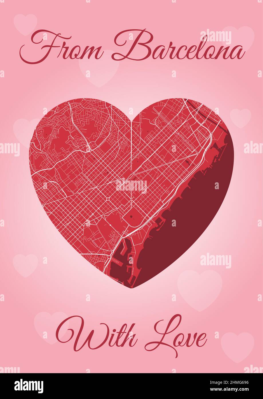 From Barcelona with love card, city map in heart shape. Vertical A4 Pink and red color vector illustration. Love city travel cityscape. Stock Vector