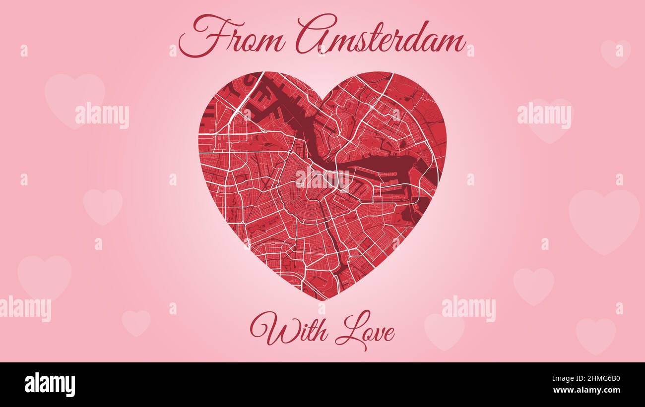 From Amsterdam with love card, city map in heart shape. Horizontal Pink and red color vector illustration. Love city travel cityscape. Stock Vector