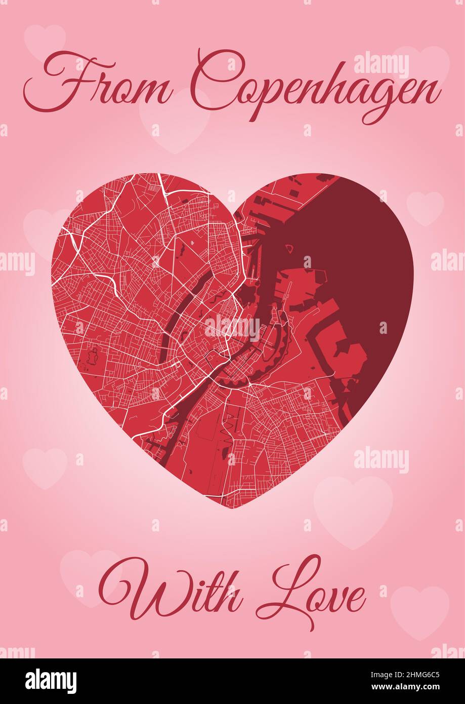 From Copenhagen with love card, city map in heart shape. Vertical A4 Pink and red color vector illustration. Love city travel cityscape. Stock Vector