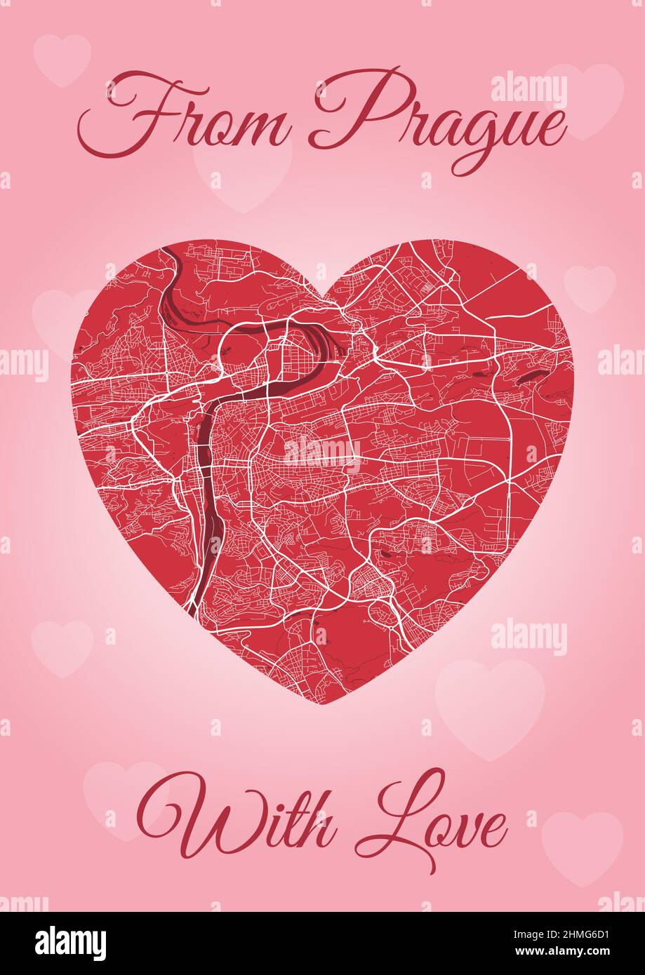 From Prague with love card, city map in heart shape. Vertical A4 Pink and red color vector illustration. Love city travel cityscape. Stock Vector