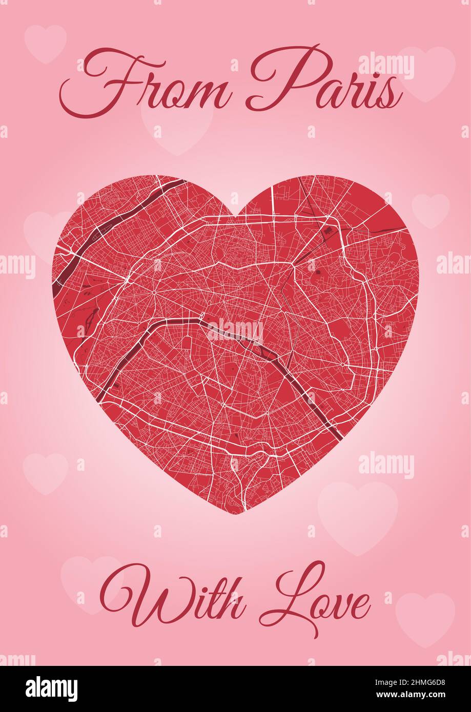 From Paris with love card, city map in heart shape. Vertical A4 Pink and red color vector illustration. Love city travel cityscape. Stock Vector