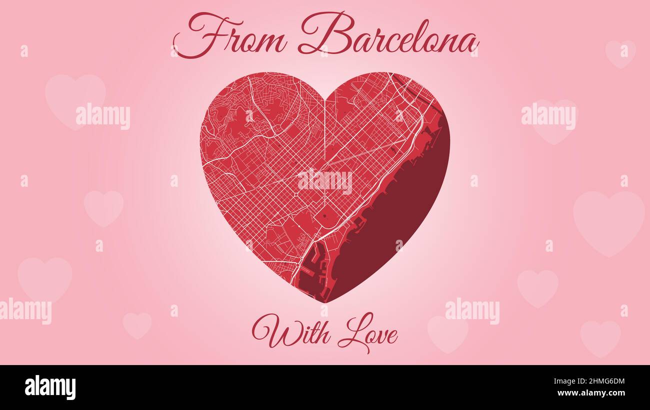 Happy Valentine's day horizontal holiday card with Barcelona map in heart shape. Pink and red color vector illustration. Love city travel cityscape. Stock Vector