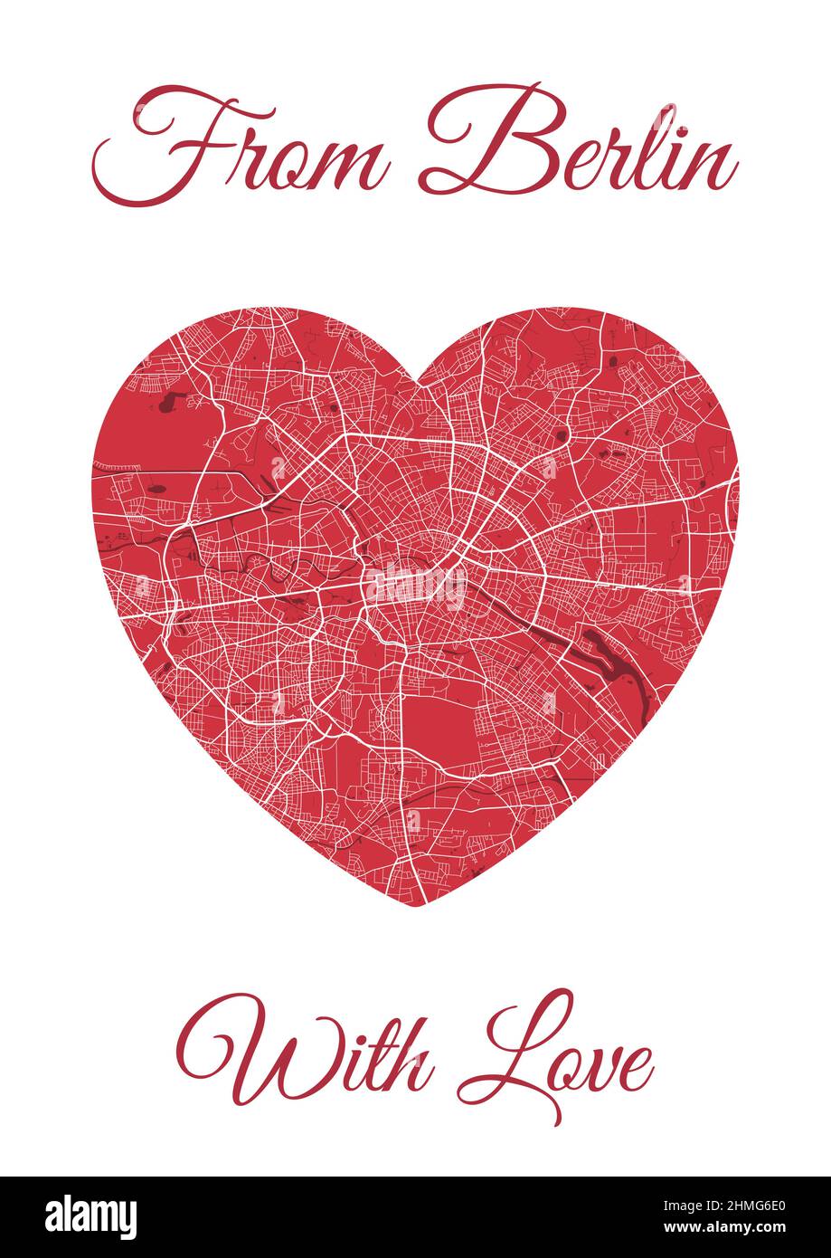 From Berlin with love card, city map in heart shape. Vertical A4 red color vector illustration. Love city travel cityscape. Stock Vector