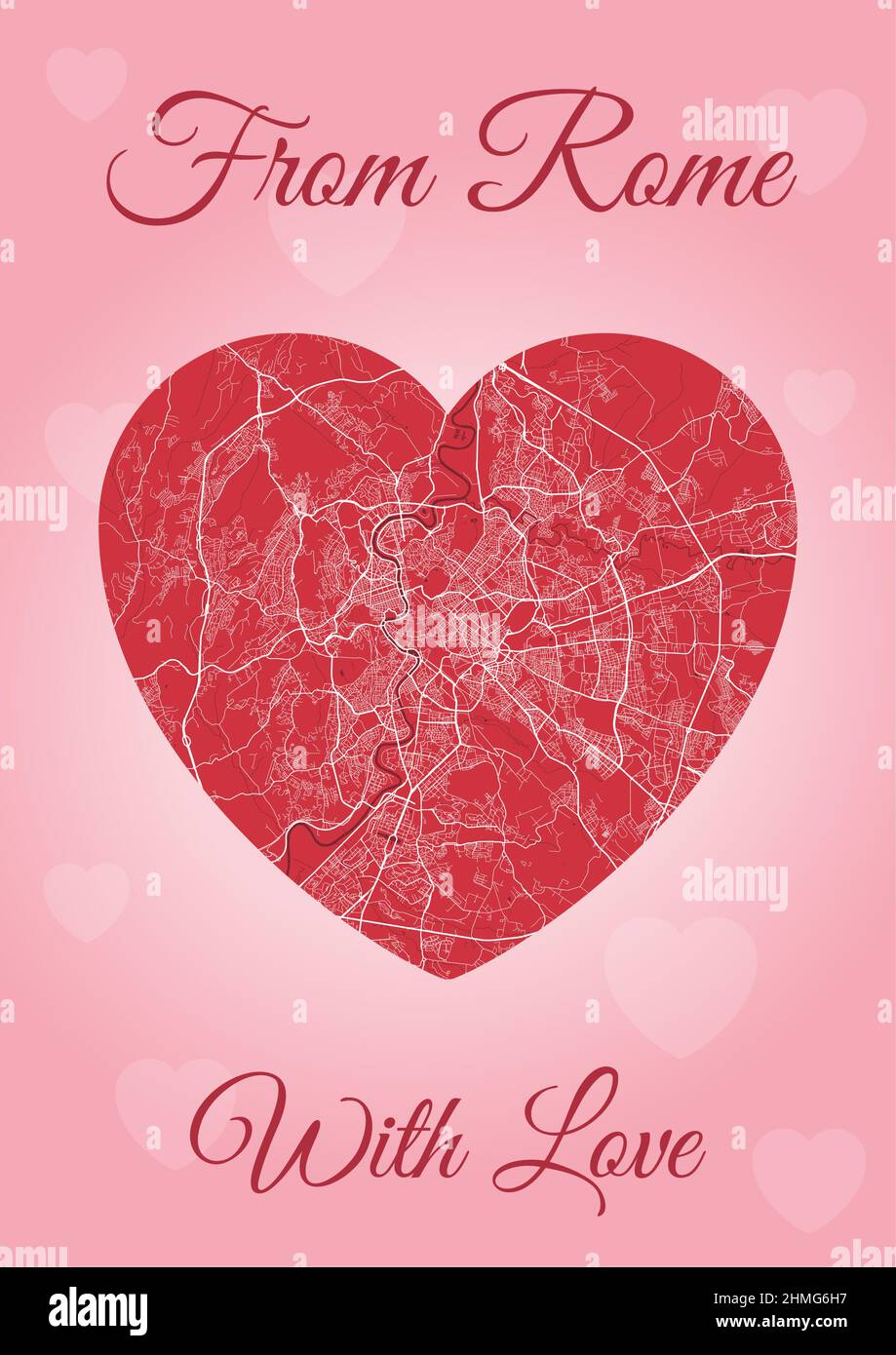 From Rome with love card, city map in heart shape. Vertical A4 Pink and red color vector illustration. Love city travel cityscape. Stock Vector