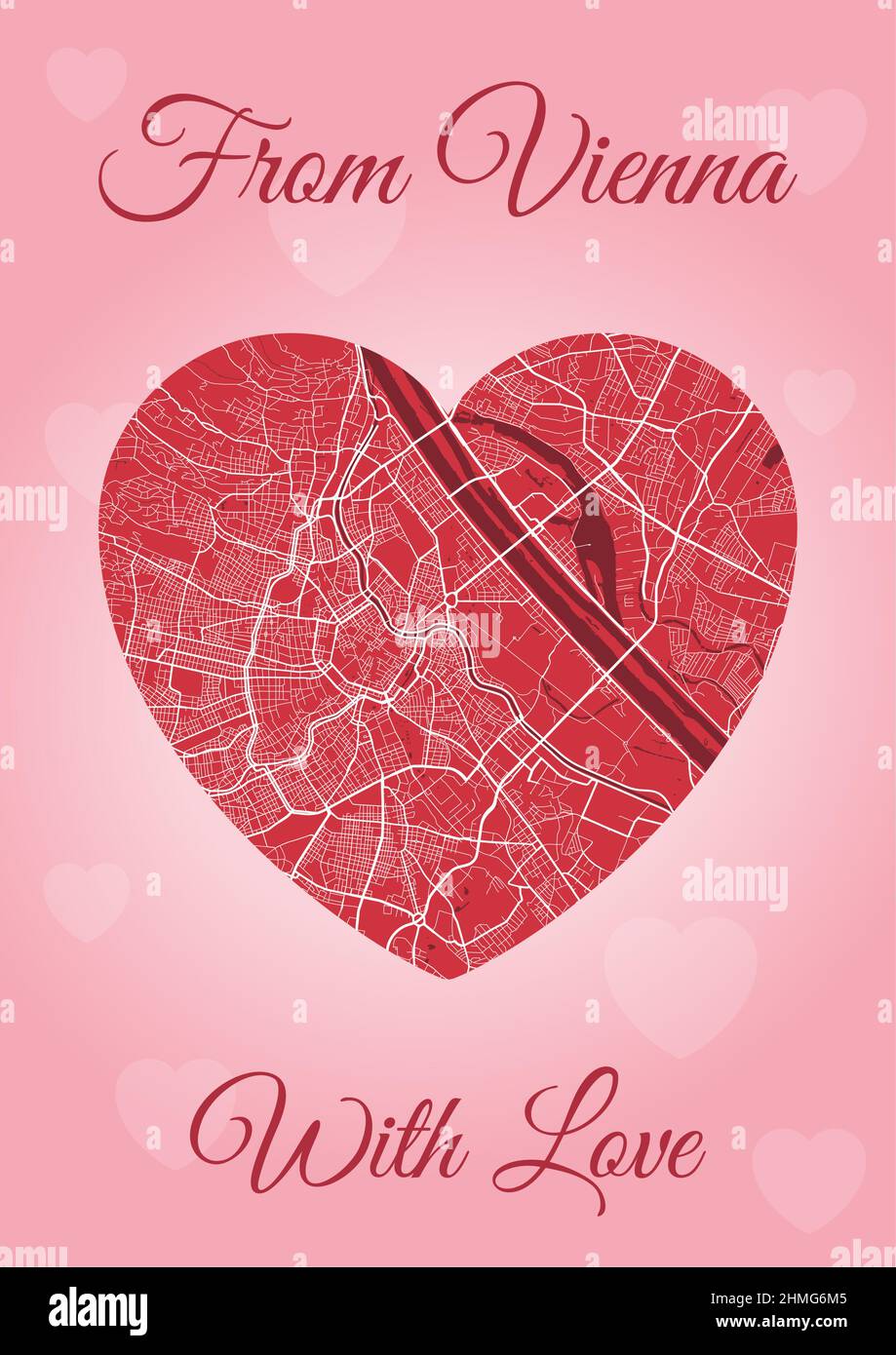 Happy Valentine's day holiday card with Vienna map in heart shape. Vertical A4 Pink and red color vector illustration. Love city travel cityscape. Stock Vector