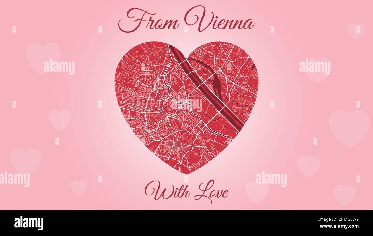 From Vienna with love card, city map in heart shape. Horizontal Pink and red color vector illustration. Love city travel cityscape. Stock Vector
