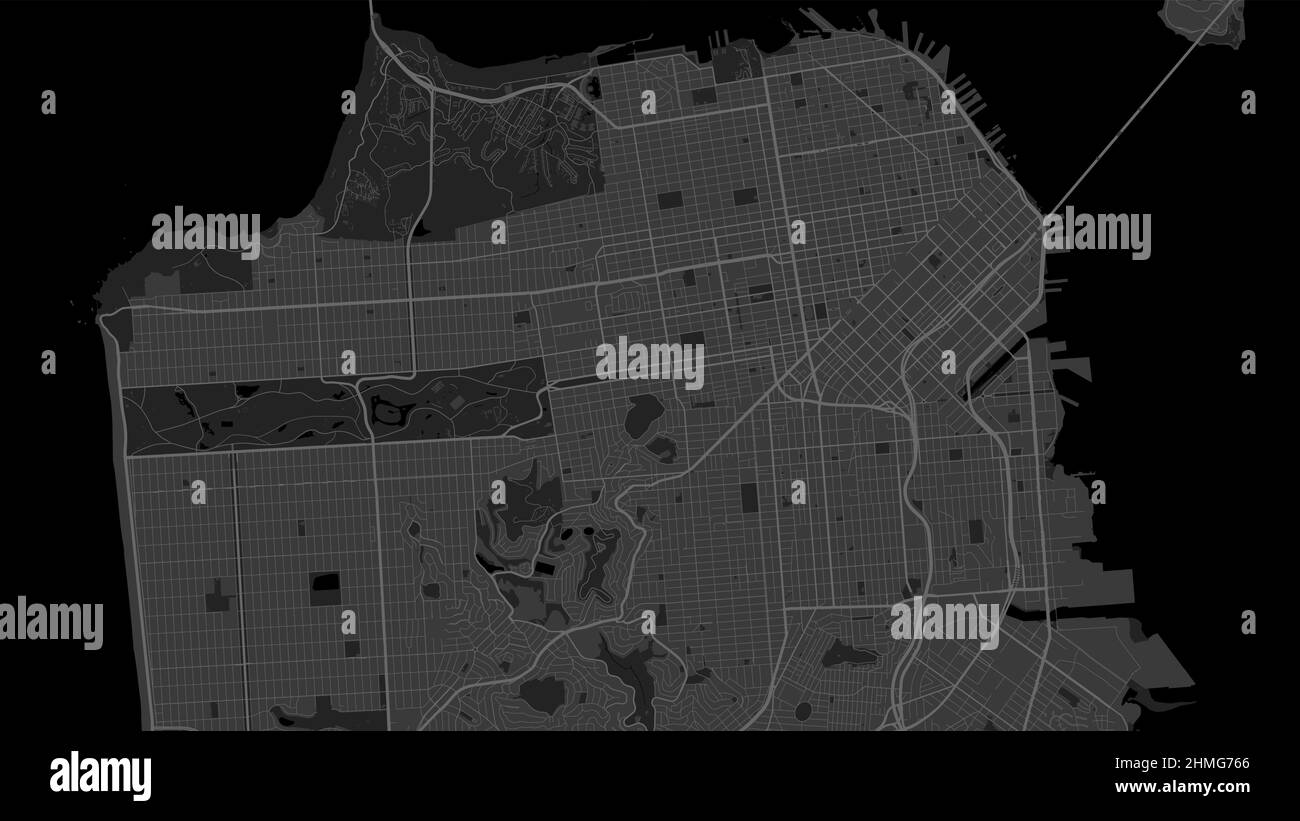Dark black San Francisco city area vector background map, roads and water illustration. Widescreen proportion, digital flat design roadmap. Stock Vector