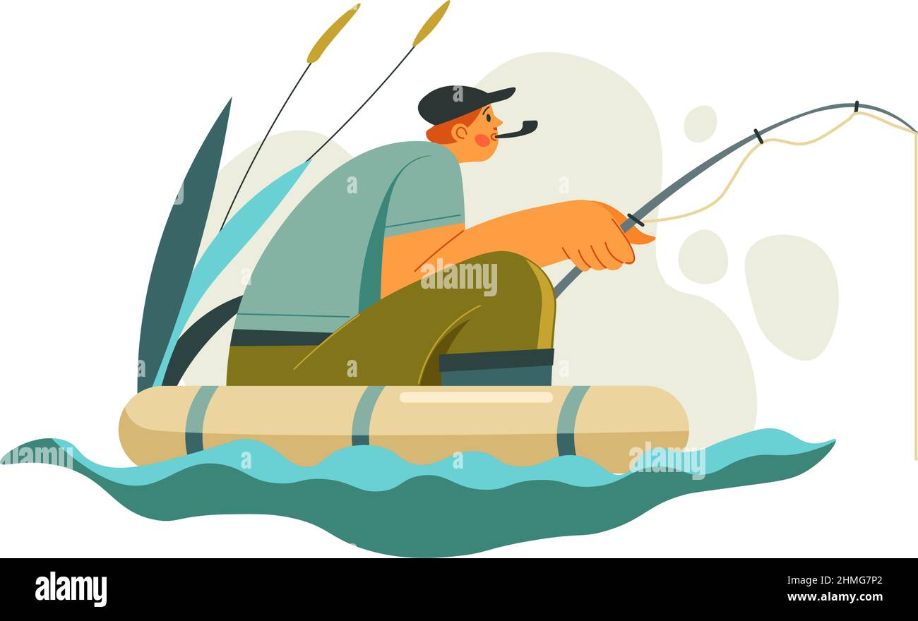 Man holding fishing rod sitting in boat on lake Stock Vector Image