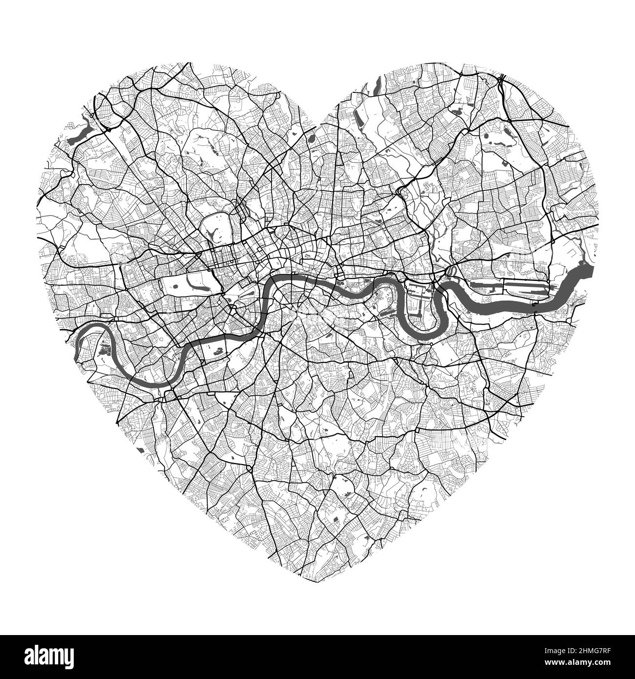 Heart shaped London city vector map. Black and white colors illustration. Roads, streets, rivers. Stock Vector