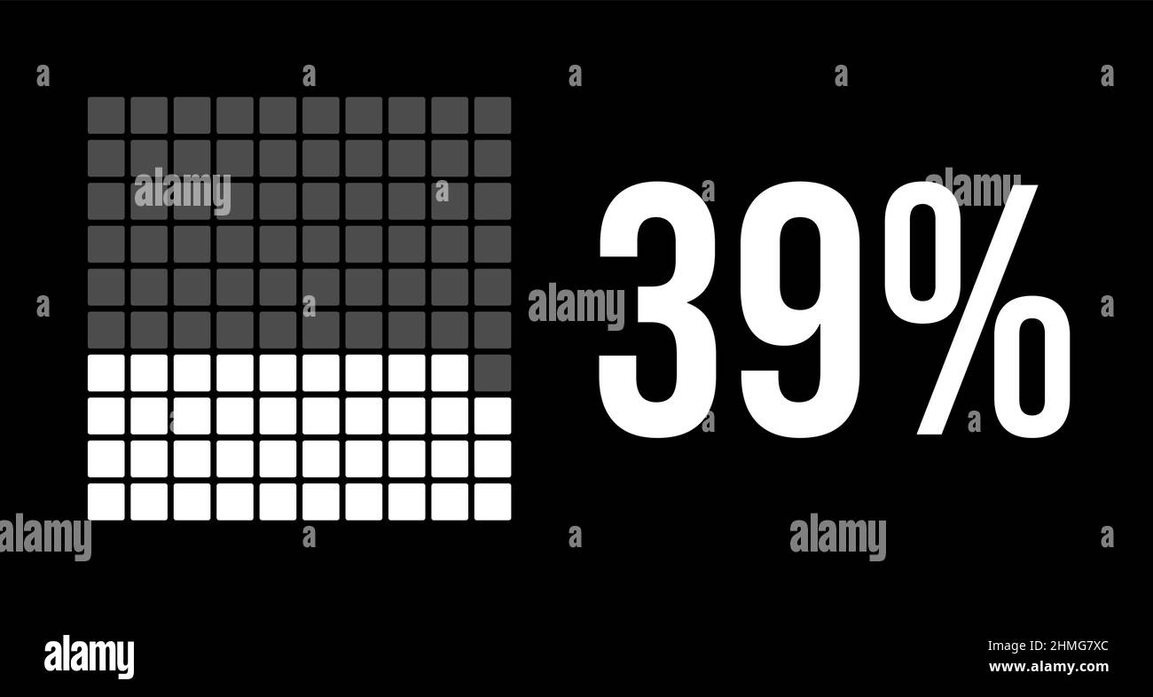 39 percent diagram, thirty-nine percentage vector infographic. Rounded rectangles forming a square chart. White color on black background. Stock Vector