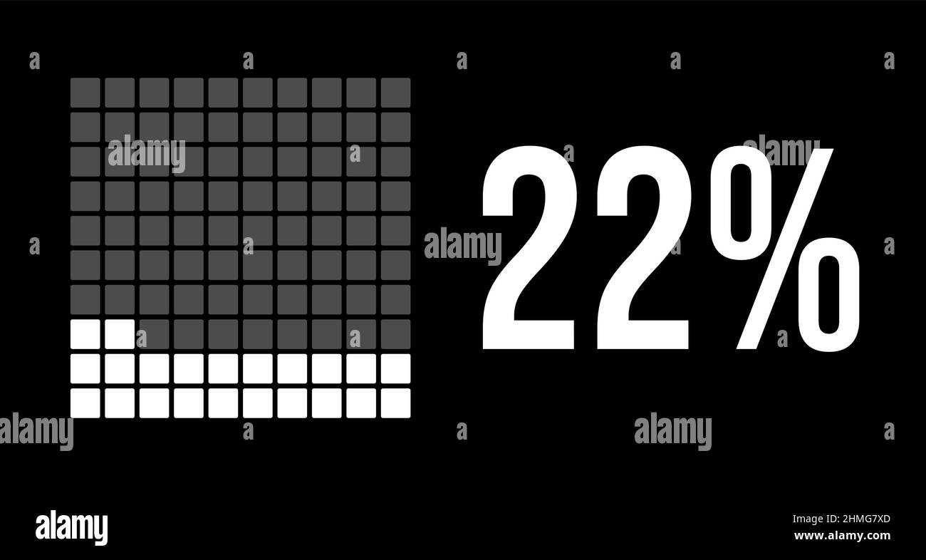 22 percent diagram, twenty-two percentage vector infographic. Rounded rectangles forming a square chart. White color on black background. Stock Vector