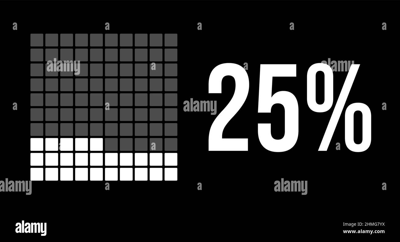 25 percent diagram, twenty-five percentage vector infographic. Rounded rectangles forming a square chart. White color on black background. Stock Vector