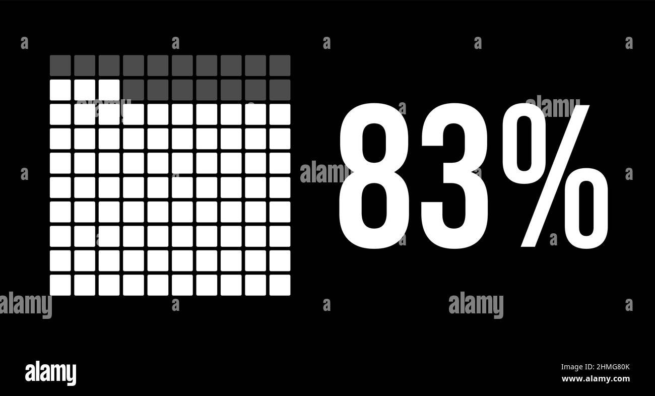 83 percent diagram, eighty-three percentage vector infographic. Rounded rectangles forming a square chart. White color on black background. Stock Vector
